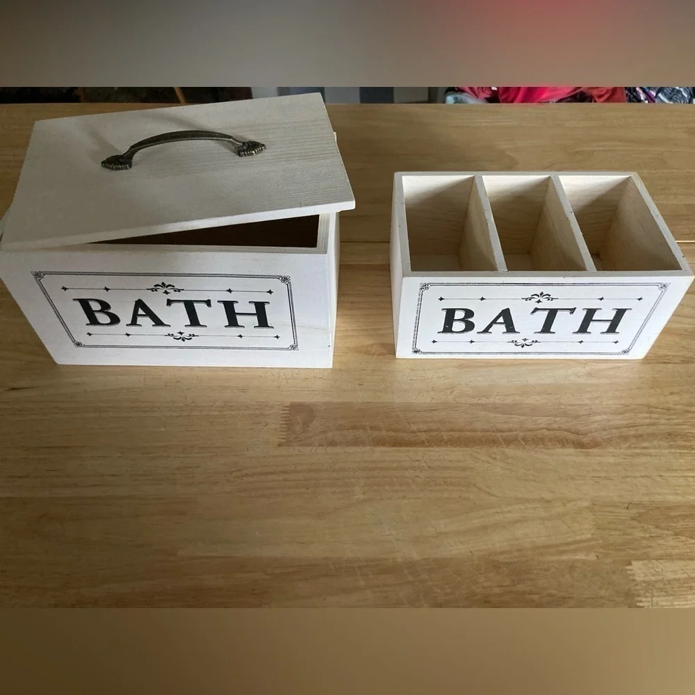NWOT Bathroom organizers. Set includes container w/lid & one with three slots